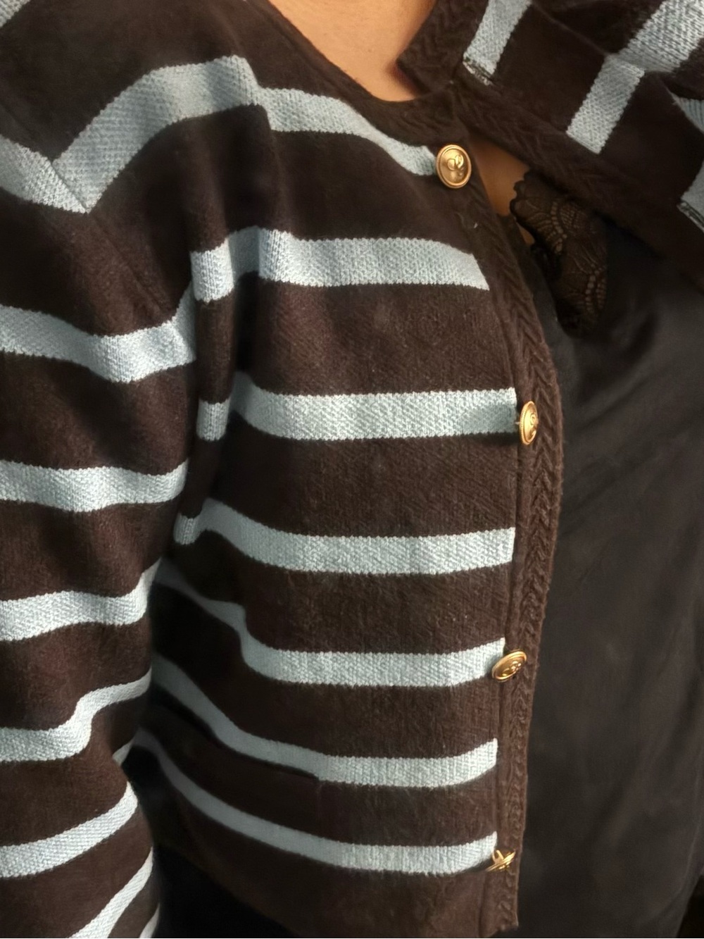 Striped Knit Cardigan with Gold Buttons - Brown & Light Blue